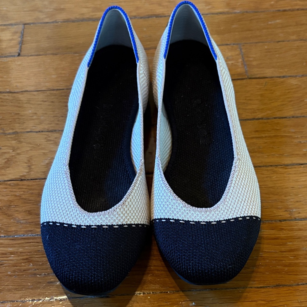 NWT Rothy's Cream and Black Flats with Blue Accent in original box